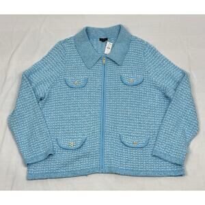 NWT Talbots Collared Textured Knit Zip Cardigan Tweed Pockets Blue Preppy Sz 2X